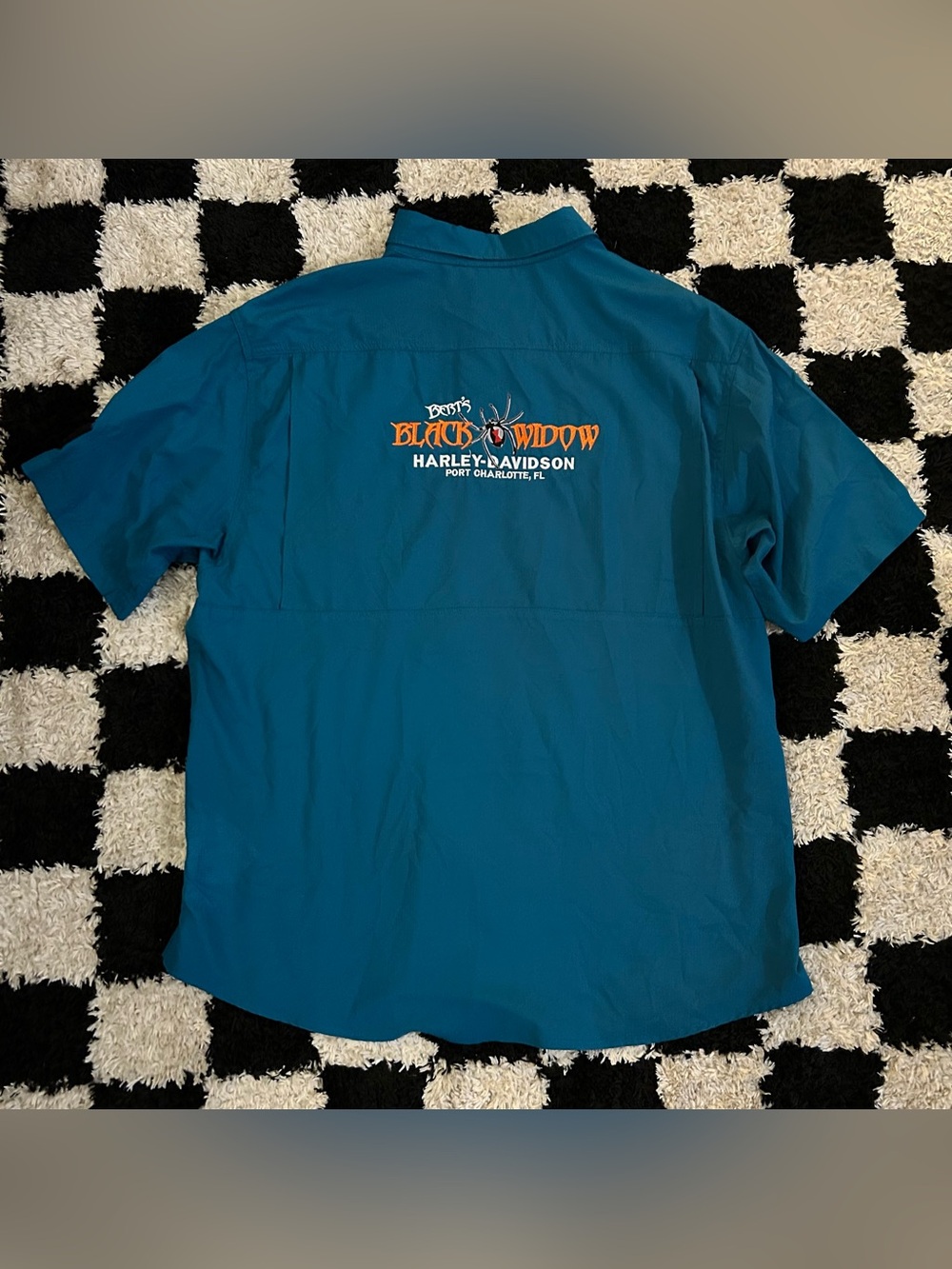 Harley-Davidson Berts Black Widow FL Short Sleeve Button Shirt XL Aqua Blue PC